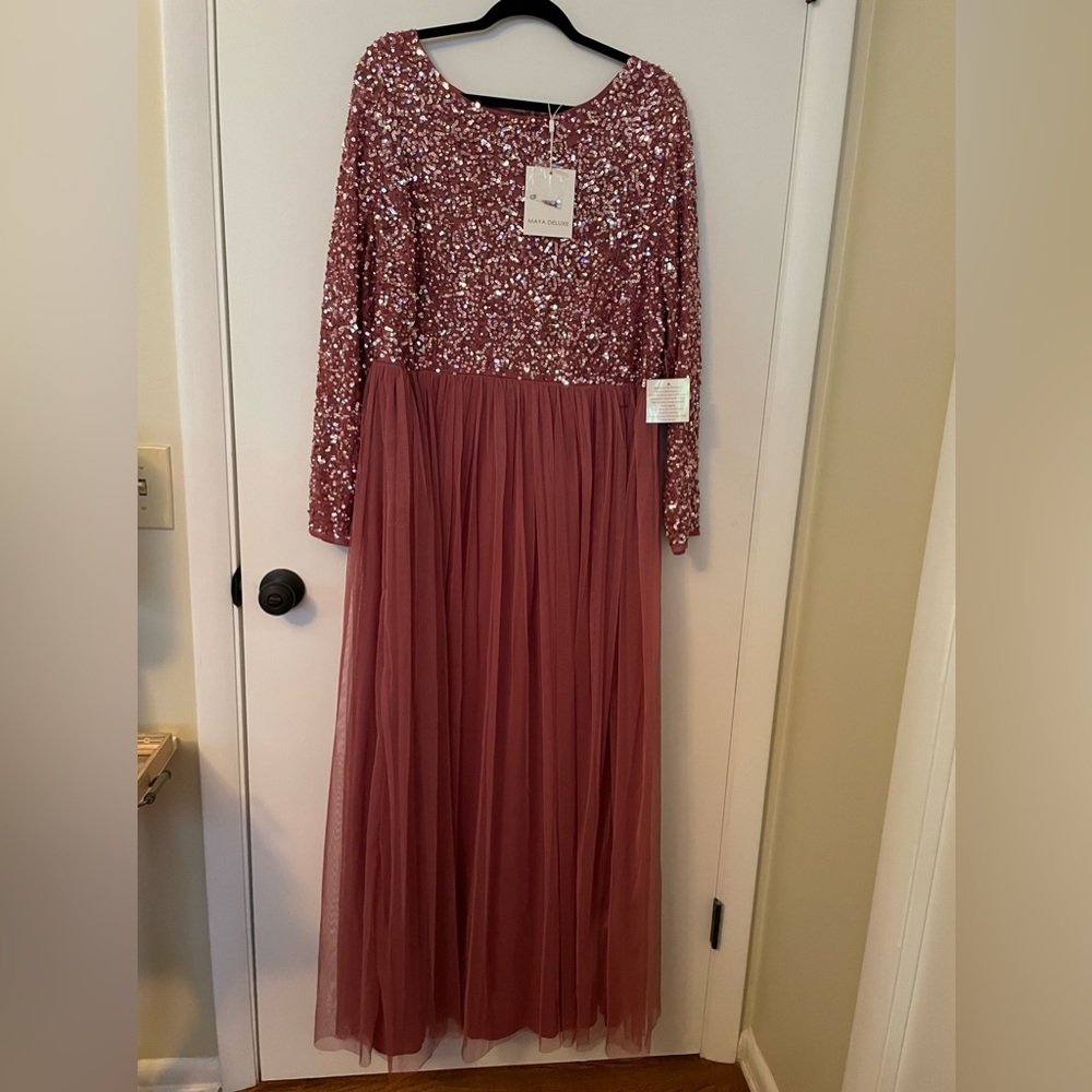 Maya Deluxe Desert Rose pink sequin plus gown, NWT SZ 24